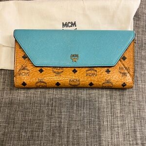 MCM Cognac and Aqua Clutch